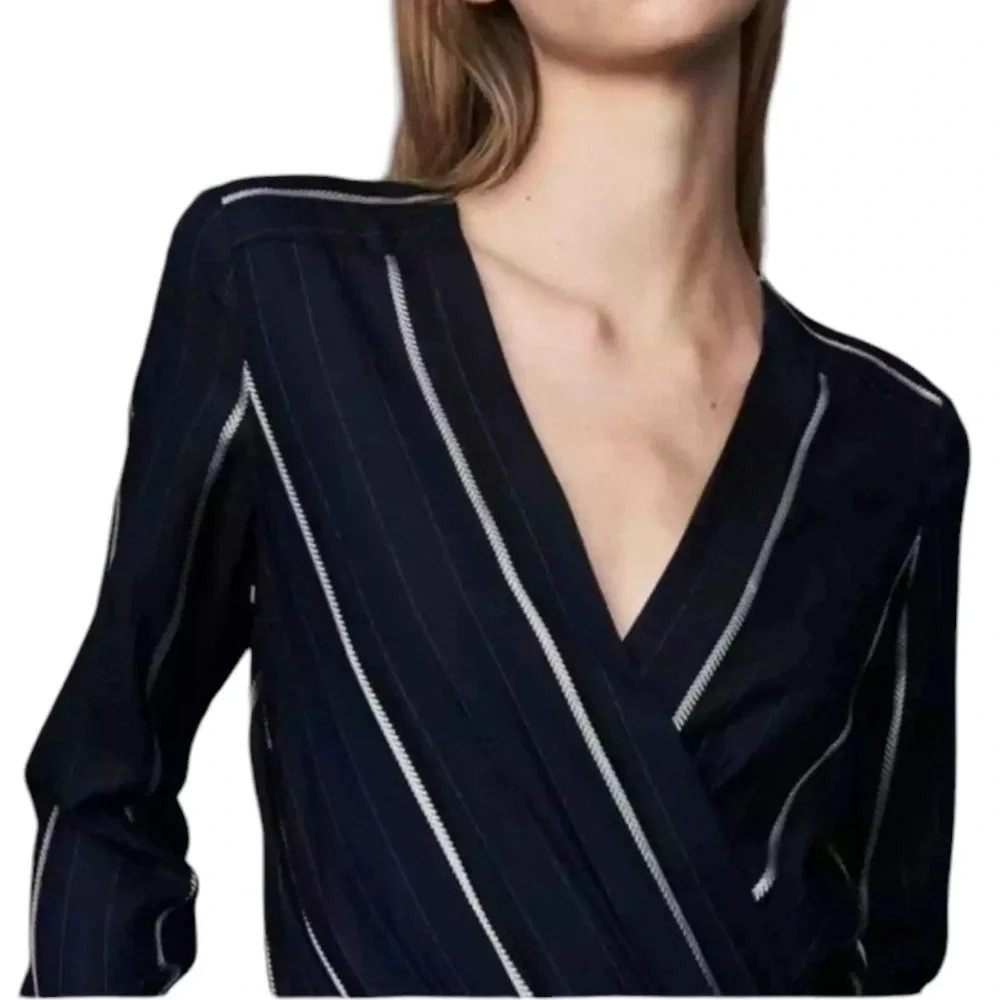 Maje Pinstripe Surplice Bodice Jumpsuit Navy Blue Size S - Picture 6 of 16